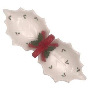 Vintage Otagiri Handcrafted Ceramic Holly Leaf Candy Dish With Red Bow Design